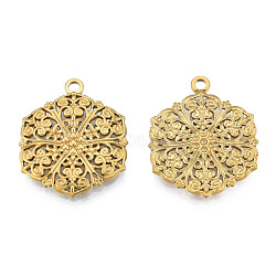 Ion Plating(IP) 201 Stainless Steel Pendants, Hexagon with Flower, Real 18K Gold Plated, 28.5x23x2.5mm, Hole: 2mm(STAS-N098-206LG)