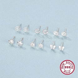 6 Pairs 6 Style 999 Fine Silver Stud Earrings Sets for Women, Hollow Clover & Star & Flower & Butterfly, Platinum, 4.5~6mm, 1 Pair/style(EJEW-F317-34P)