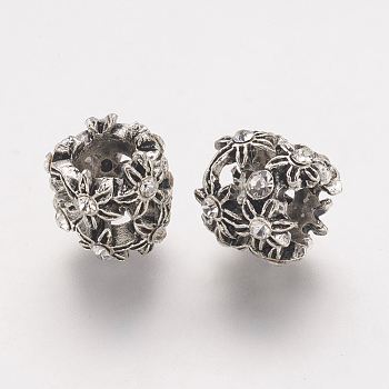 Tibetan Style Alloy European Beads, with Rhinestone, Flower, Antique Silver, Crystal, 11x10mm, Hole: 5mm