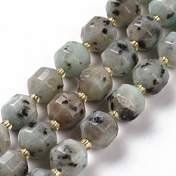 Natural Sesame Jasper Beads Strands, with Seed Beads, Faceted Bicone Barrel Drum, 9~10mm, Hole: 1.2mm, about 29~32pcs/strand, 14.45~14.84 inch(36.7~37.7cm)