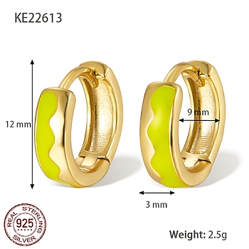 925 Sterling Silver Thick Hoop Earrings, with Enamel, for Women, Real 18K Gold Plated, Yellow, 12x3mm