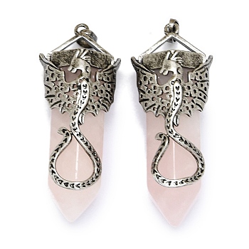 Natural Rose Quartz Faceted Pointed Bullet Big Pendants, Rack Plating Antique Silver Plated Alloy Dragon Charms, Cadmium Free & Lead Free, 55~58.5x22.5~23x18.5mm, Hole: 4.8x7.8mm
