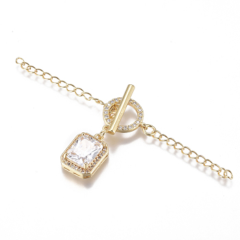 Brass Micro Pave Clear Cubic Zirconia Chain Extender, with Toggle Clasps, Long-Lasting Plated, Square, Golden, 75mm, Ring: 13.5mm wide, 13.5mm long, 2mm thick, Bar: 17.5mm wide, 6.5mm long, 2mm thick