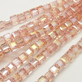 Electroplate Glass Beads Strands, AB Color Plated, Faceted, Cube, Misty Rose, 7~8x7~8x7~8mm, Hole: 1mm, about 72pcs/strand, 19.8 inch