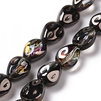 Transparent Electroplate Glass Beads Strands, Rainbow Plated, Teardrop, Black, 11x9x6.6mm, Hole: 1.1mm, about 55pcs/strand, 24.25 inch(61.6cm)