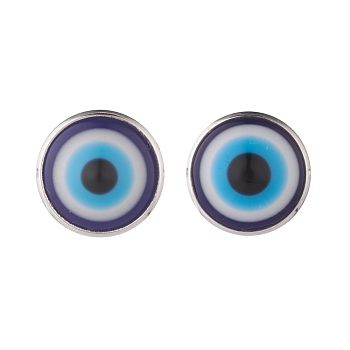 Flat Round with Evil Eye Stud Earrings, Brass Jewelry for Women, Blue, 16.5x13.5mm, Pin: 0.7mm