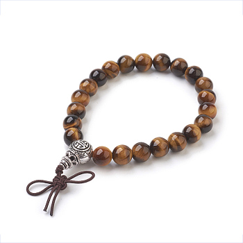 Natural Round Tiger Eye Stretch Bracelets, with Alloy Guru Bead Sets, Burlap Packing, Antique Silver, 2-1/8 inch(5.5cm), Bag: 12x8.5x3cm