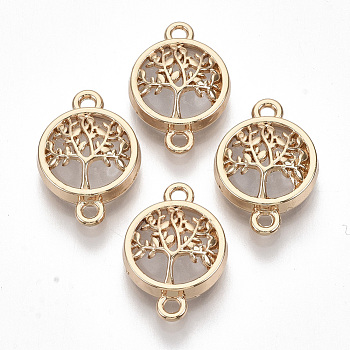 Glass Links connectors, with Light Gold Plated Alloy Findings, Flat Round with Tree, Clear, 13.5x19.5x5.5mm, Hole: 1.6mm