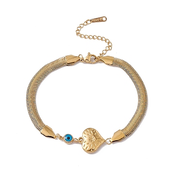 Enamel Evil Eye Link Bracelet with Flat Snake Chains, 304 Stainless Steel Jewelry for Women, Golden, Heart Pattern, Heart: 19x15x4mm, 7-5/8 inch(19.5cm)