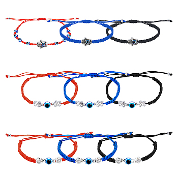 9Pcs 9 Style Glass Evil Eye & Alloy Link Bracelets Set, Tortoise & Flower & Hamsa Hand Adjustable Bracelets for Women, Mixed Color, 1-1/2~4-1/2 inch(37~115mm), 1Pc/style
