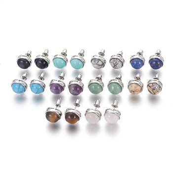 Natural & Synthetic Gemstone Stud Earrings, with Brass Findings, Half Round, Platinum, 12mm, Pin: 0.8mm