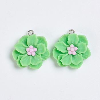 Imitation Jelly Resin Pendants, with Platinum Plated Iron Loops, Flower, Light Green, 26.5x26x7mm, Hole: 2mm