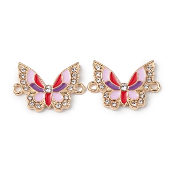 Alloy Enamel Connector Charms, Butterfly Links with Crystal Rhinestone, Light Gold, Cadmium Free & Nickel Free & Lead Free, Pink, 16x22x2mm, Hole: 1.6mm