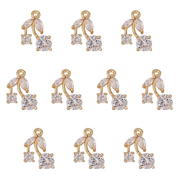 10Pcs Rack Plating Brass Clear Cubic Zirconia Charms, Long-Lasting Plated, Cherry, Light Gold, 14x8.5x3mm, Hole: 1.2mm