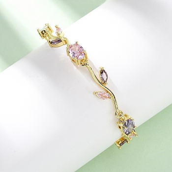 Brass Micro Pave Cubic Zirconia Link Bracelets for Women, Leaf, Long-Lasting Plated, Rack Plating, Lead Free & Cadmium Free, Real 18K Gold Plated, 7-3/4 inch(19.8cm)