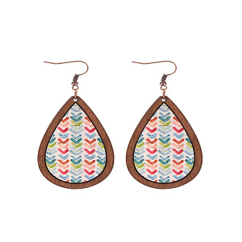 Wood Dangle Earrings, Red Copper, Teardrop with Pattern, Red Copper, Colorful, 80x36mm