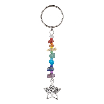 Tree of Life Tibetan Style Alloy Pendant Keychains, with Natural Gemstone Chip Beads and Iron Split Key Rings, Star, 10.4cm
