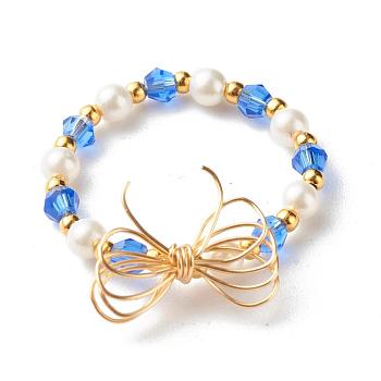Imitate Austrian Crystal Bicone Glass Beaded Finger Rings, with Round Shell Pearl Beads and 304 Stainless Steel Round Beads, Eco-Friendly Copper Wire, Bowknot, Real 18K Gold Plated, Blue, US Size 9(18.9mm)