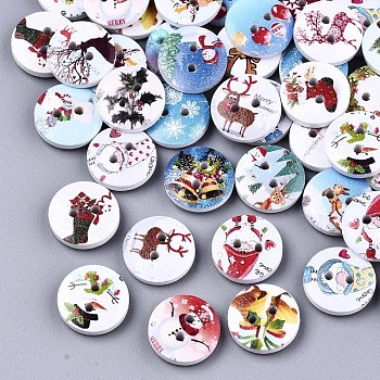 2-Hole Printed Natural Wood Buttons, Christmas Theme, Flat Round, Mixed Color, 15x4mm, Hole: 1.8mm
