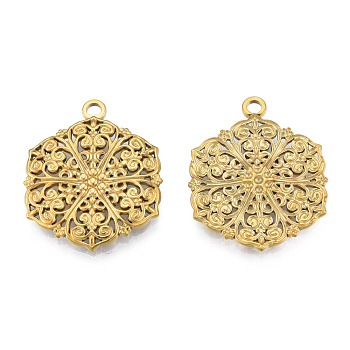 Ion Plating(IP) 201 Stainless Steel Pendants, Hexagon with Flower, Real 18K Gold Plated, 28.5x23x2.5mm, Hole: 2mm