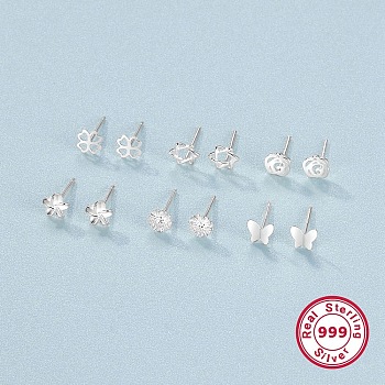 6 Pairs 6 Style 999 Fine Silver Stud Earrings Sets for Women, Hollow Clover & Star & Flower & Butterfly, Platinum, 4.5~6mm, 1 Pair/style