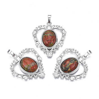 Natural Unakite Pendants, with Rack Plating Platinum Tone Brass Findings, Heart, 38.5x34x8mm, Hole: 7x5mm