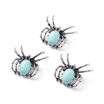 Synthetic Turquoise Brooch, with Alloy Findings and Glass, Spider, Antique Silver, 34~35x41~42x7mm, Hole: 3x5mm