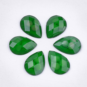 Epoxy Resin Cabochons, Faceted, Teardrop, Green, 13.5~14x10x3mm
