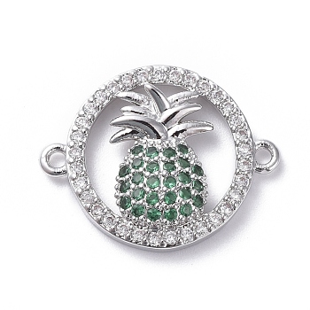 Brass Micro Pave Cubic Zirconia Links connectors, Ring and Pineapple, Green, Platinum, 15x19x3mm, Hole: 1.2mm