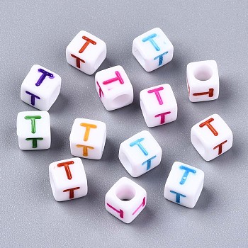 Acrylic Beads, Horizontal Hole, Cube with Mixed Color Letter, Letter.T, 6x6x6mm, Hole: 3mm, about 2600pcs/500g