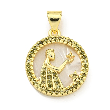 Brass Micro Pave Clear Cubic Zirconia Pendants, with Shell, Real 18K Gold Plated, Virgo, 19x16.8x3mm, Hole: 4x3.5mm