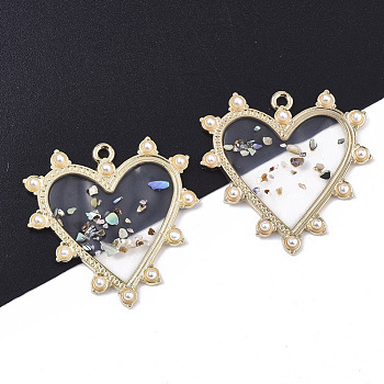 Epoxy Resin Pendants, with ABS Plastic Imitation Pearl, Shell and Light Gold Plated Alloy Open Back Bezel, Heart, Clear, 33x33x3mm, Hole: 1.8mm