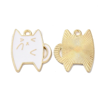 Alloy Enamel Pendants, Light Gold, Cat Charm, White, 21x18x1.5mm, Hole: 1.5mm