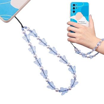 Acrylic Beaded Phone Lanyard, Wrist Straps Butterfly Beads Mobile Phone Lanyard for Woman Men, Cornflower Blue, 22cm