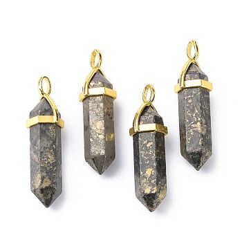 Natural Pyrite Pointed Pendants, with Random Brass Pendant Hexagon Bead Cap Bails, Golden, Bullet, 38.5~40x12~12.5x10~11mm, Hole: 3x4.5mm