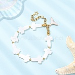 Shell Pearl Beaded Bracelets for Women, Cross, with Alloy Enamel Charms, White, 7-7/8 inch(19.9cm)(BJEW-JB12427)