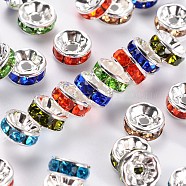 Brass Rhinestone Spacer Beads, Grade A, Straight Flange, Silver Color Plated, Rondelle, Mixed Color, 8x3.8mm, Hole: 1.5mm(RB-A014-Z8mm-S)