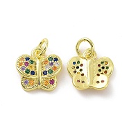 Brass Micro Pave Colorful Cubic Zirconia Charms, with Jump Ring, Butterfly Charm, Real 18K Gold Plated, 11x11x2mm, Hole: 3.2mm(KK-E068-VF092)