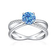 925 Sterling Silver Micro Pave Cubic Zirconia Plain Band Rings, Real Platinum Plated, Flat Round, Dodger Blue, US Size 7(17.3mm)(RJEW-P103-06P-F)