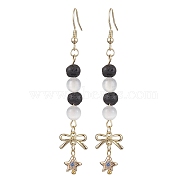 Round Natural Lava Rock & Selenite Dangle Earring, Star & Bowknot Alloy Earring for Women, Golden, 74x12.5mm(EJEW-JE05888)