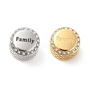 304 Stainless Steel European Beads, with Enamel & Rhinestone, Large Hole Beads, Flat Round with Word Famliy, Golden & Stainless Steel Color, 12x8mm, Hole: 4mm(STAS-D180-03)