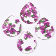 Autumn Theme Transparent Clear Cellulose Acetate(Resin) Pendants, Printed, Teardrop with Grape, Grape Pattern, 34x28x2.5mm, Hole: 1.4mm(KY-T040-54C)