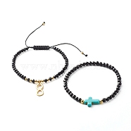 Infinity & Cross Braided Bead Bracelets Set for Girl Women, Synthetic Turquoise(Dyed) & Natural White Jade & Malaysia Jade(Dyed) Beads Energy Bracelets, Golden, Black, Inner Diameter: 2.17~3.62 inch(55~92mm), 2pcs/set.(BJEW-JB06957)