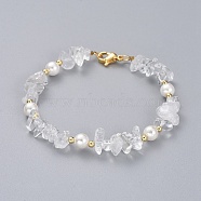 Natural Quartz Crystal Chip Beaded Bracelets, with Shell Pearl Round Beads, Brass Beads and 304 Stainless Steel Lobster Claw Clasps, 7-1/4 inch(18.5cm)(BJEW-JB04933-02)
