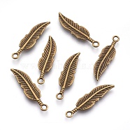 Tibetan Style Alloy Pendants, Feather, Cadmium Free & Nickel Free & Lead Free, Antique Bronze, 30x8x1.5mm, Hole: 2mm(X-TIBEP-1397-AB-FF)
