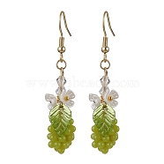 Yellow Green Grape Fruit Resin Dangle Earrings, with ABS Plastic Imitation Pearl Flowers, Golden, 52x12mm(EJEW-JE05646)