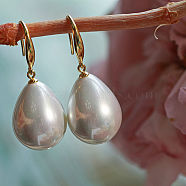 Vintage Teardrop Stainless Steel Dangle Earrings, with Large White Pearl Studs, Golden(SC6783-2)