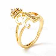 Clear Cubic Zirconia Initial Letter with Crown Adjustable Ring, Real 18K Gold Plated Brass Alphabet Ring for Women, Cadmium Free & Lead Free, Letter.A, US Size 6(16.5mm)(RJEW-M139-17A)