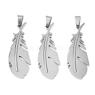 201 Stainless Steel Pendants, Laser Cut, Feather, Stainless Steel Color, 49x17.5x1mm, Hole: 4x7.5mm(STAS-T044-283P)