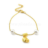 Real 18K Gold Plated Brass Charm Bracelet with Plastic Imitation Pearl Beaded, with Ion Plating(IP) 304 Stainless Steel Chains, Long-Lasting Plated, July Lotus, 7-1/4 inch(18.4cm)(BJEW-D030-04A-G)